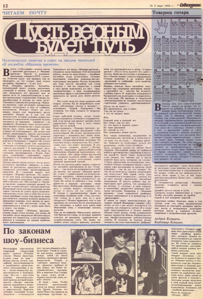 Полемические заметки в ответ на письма читателей об ансамбле "Машина времени"
Собеседник 3 марта 1984